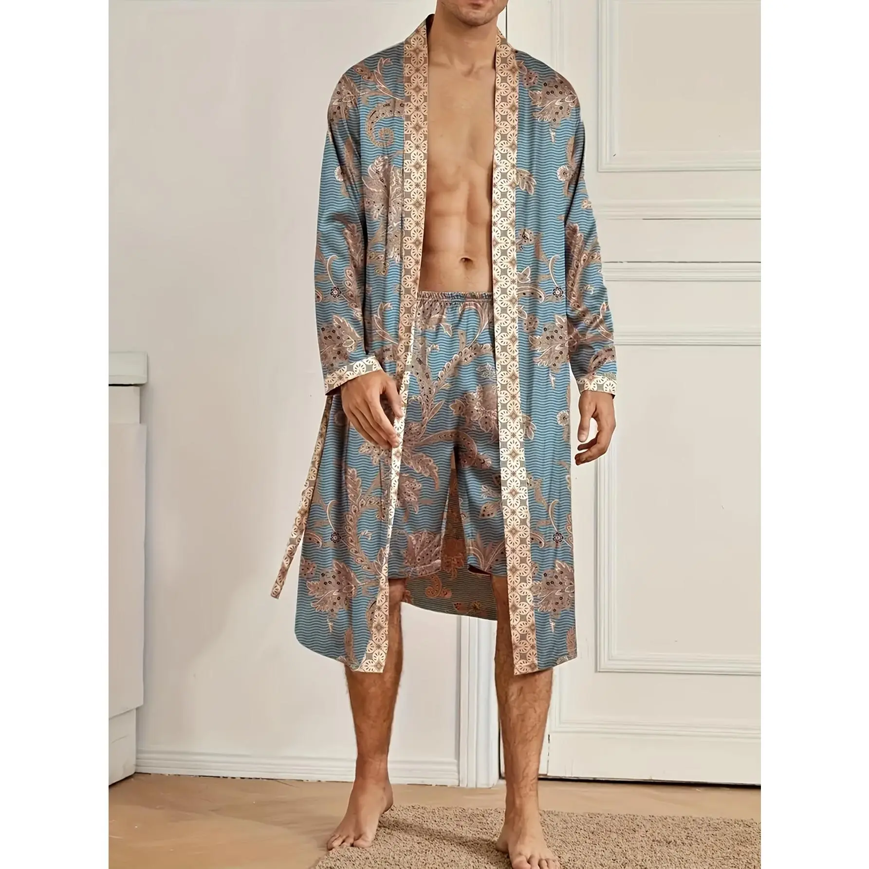 2pcs Men'S Elegant Floral Robe Set - Casual V-Neck Long Sleeve with Belt, Lightweight & Luxurious Sleepwear, Perfect for Home Loungewear, Robe & Lounge Wear | Luxurious Sleepwear |   Robe Set, Loungewear Set | Luxurious Robe Set