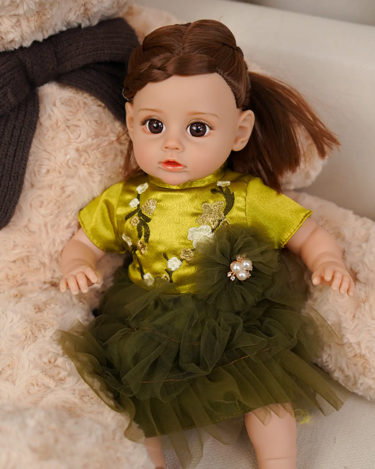 VACOS 14in Reborn Baby Doll Princess Girl with Baby Doll Tops - Cozy Cotton Body, Elegant Olive Floral Embroidery Gown, Meticulous Braiding, Deep Brown-Caramel Irises, Textured Creases for Natural Posing - Holiday Surprise, Childhood Companion
