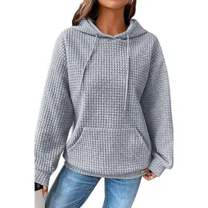 Hoodies For Women Casual Pullover Waffle Long Sleeve Drawstring Hooded Sweatshirt with Pocket