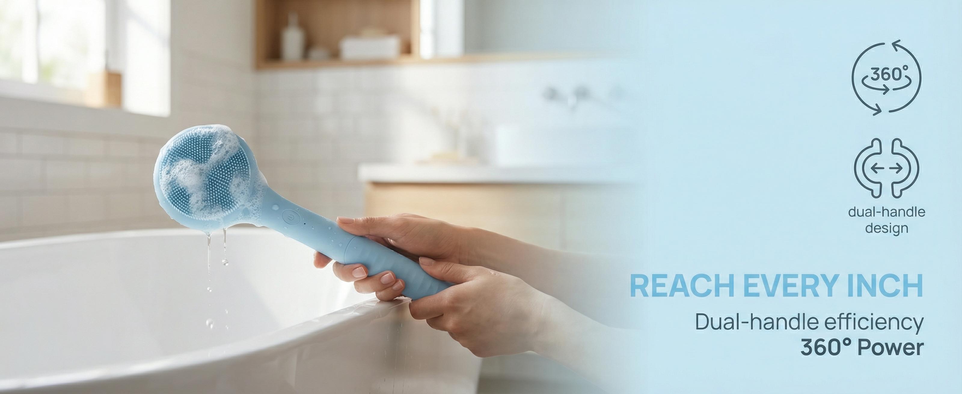 Rechargeable Electric Body Scrubber, Waterproof 360° Rotating Shower Brush with Dual Grip Handles, Full Body Bath Brush with 4 Detachable Heads for Deep Cleansing Rechargeable Electric Body Scrubber, Waterproof 360° Rotating Shower Brush with Dual Grip Handles, Full Body Bath Brush with 4 Detachable Heads for Deep Cleansing