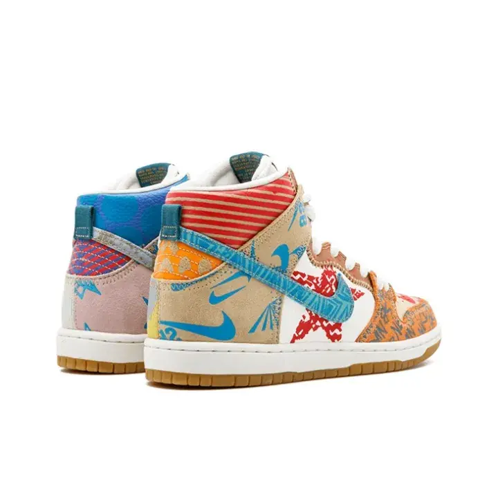 Lace‑up flat street footwear with suede upper, colorful patchwork artwork gum rubber outsole vintage statement high‑cut skate shoes
