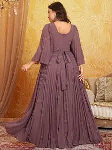 【Plus Size】 Solid Color Butterfly Sleeve Chiffon Formal Wear Evening Dress, Elegant Ruched Maxi Dress for Party Wedding Guest, Women's Clothes for All Seasons
