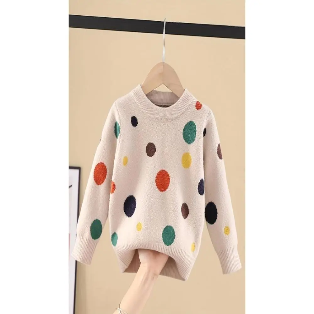 [Cozy Sweater] Cozy Thick Fleece-Lined Girls' Knit Sweater |           Round Long Sleeve Pullover, Machine Washable Solid Color Winter Kids, Sweaters Girls, Children's Fall Wear, Pattern, Medium Stretch
