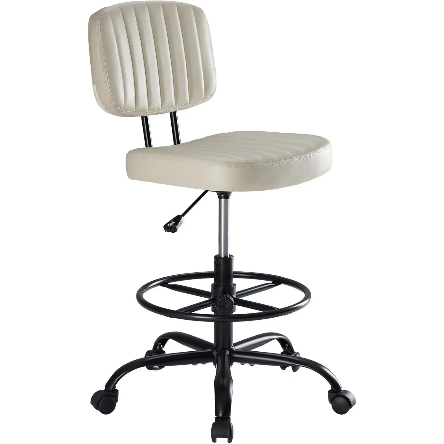 Armless Drafting Chair with Adjustable Footrest Ring, Low Back Office Stool for Standing Desk, Ergonomic PU Leather Swivel Rolling Chair 350 lbs
