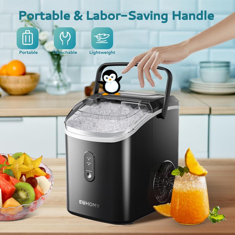EUHOMY Nugget Ice Maker Countertop with Handle, Ready in 6 Mins, 33lbs/24H, Removable Top Cover, Auto-Cleaning, Portable Pebble Ice Maker with Basket and Scoop, for Home/Kitchen/Party/Camping