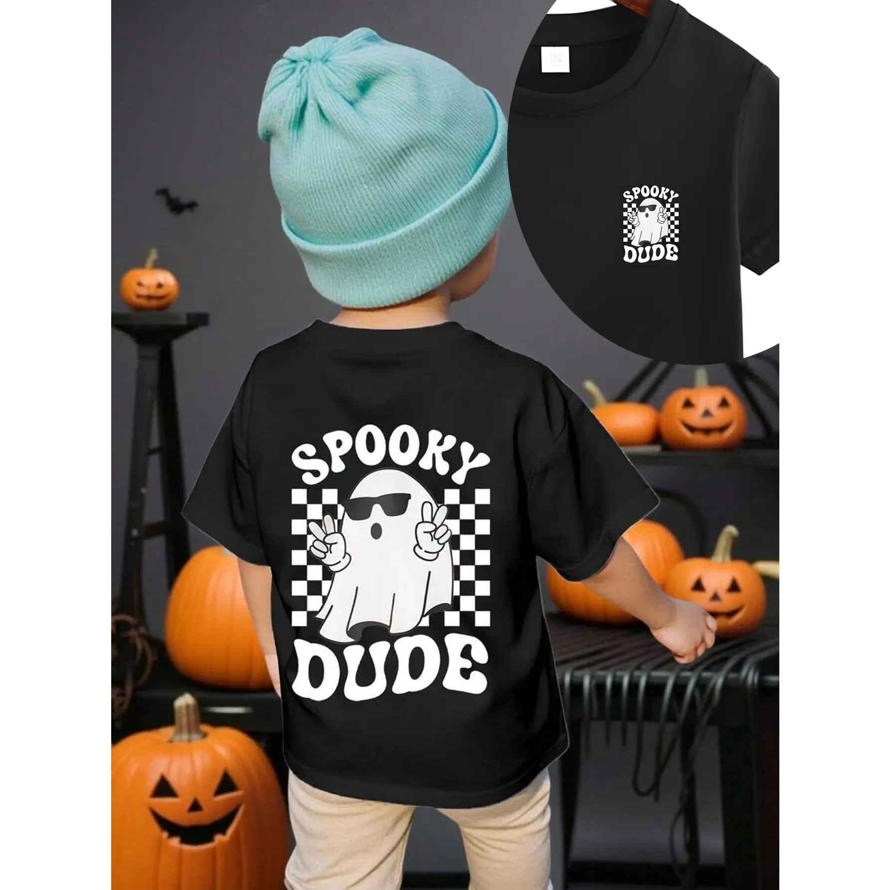 Baby Boys' Halloween Casual Checkered Spooky Dude Ghost Print Short Sleeve Round Neck T-Shirt - Fitted Short Sleeve Tops, Round Neck for Comfy Fit, Spooky Ghost Graphic Sparks Smiles, Casual T-Shirt for Outings, Graphic Print Adds Charm, Cotton Material,