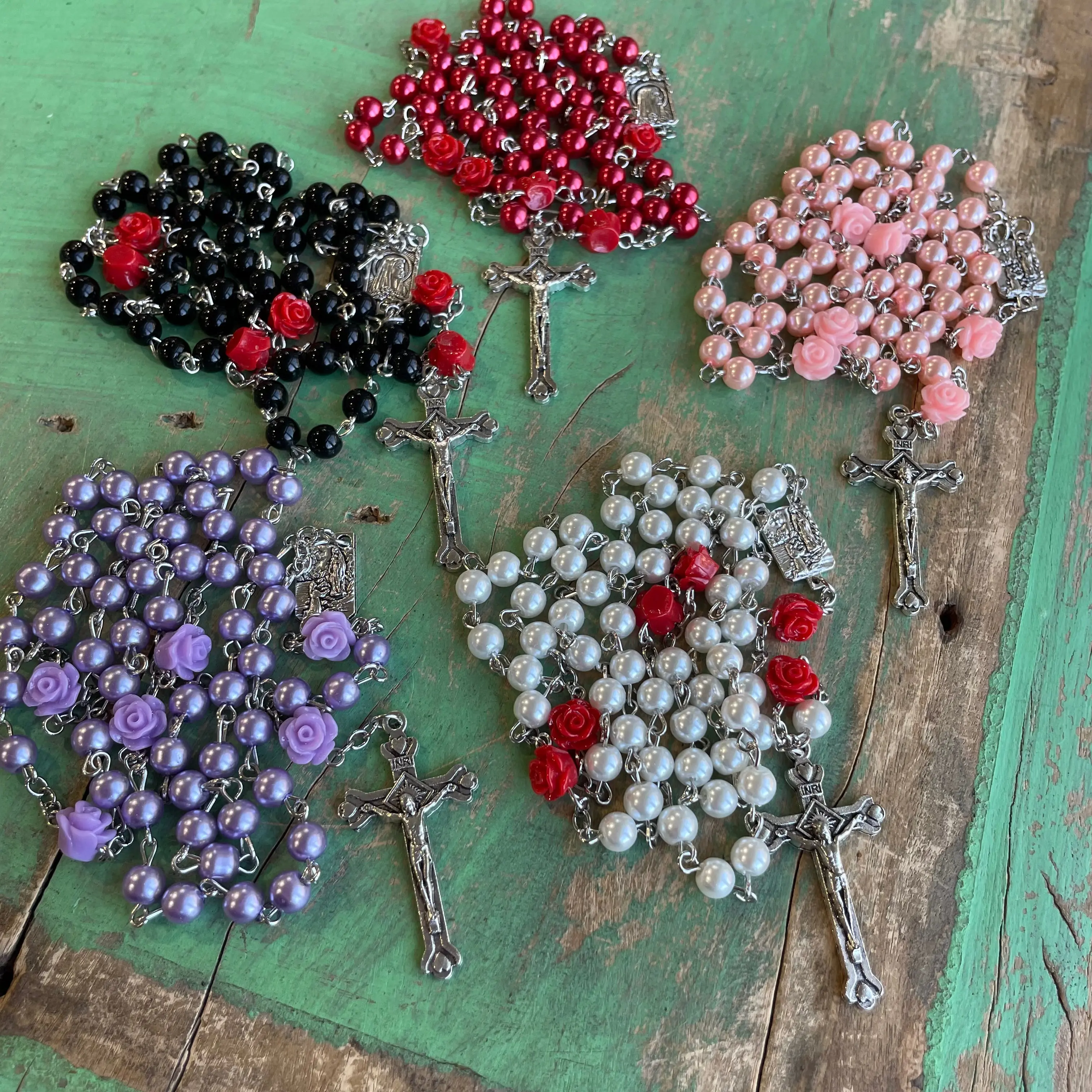 Mystical Rose Rosary - Elegant Beaded Design with Colorful Accents Includes Various Crosses and Beads 6mm Glass Pearl Rosaries with Rose Our Fathers and Our Lady of Lourdes Centerpiece - Religious Jewelry