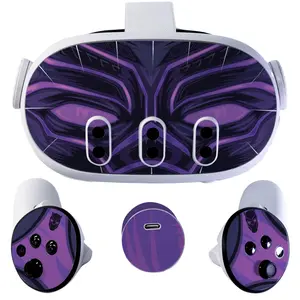 Easy-to-Apply Skin Sticker Kit compatible with Meta Quest 3 VR headset - Purple Cat virtual reality accessory - VR protector skin covers