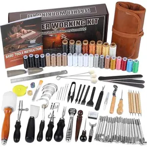 Leather Kit, Leather Tooling Kit, Practical Leather Working Tools with Leather Stamping Tools, Beveler, Groover, Stitching Punch Sewing Thread and Needles - Leather Roll Bag and Manual