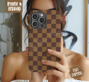 Brown Checkered Phone Case Mag Safe Compatible Magnetic Tough Case