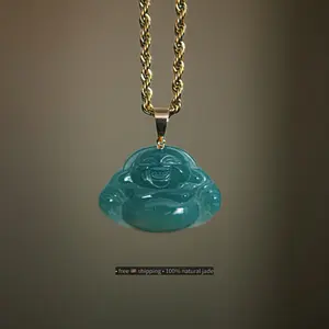 Natural blue jade Buddha 10k pendant with thick rope necklace