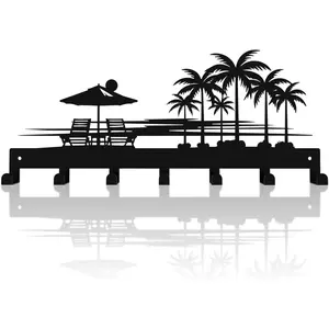 Bench Key Holder for Wall,Setting Sun and Coconut Trees Key Hooks Wall Mount Whith 7 Hooks,Tropical Style Key Hanger Wall Decor for Front Door,Hallway,Entryway,Office