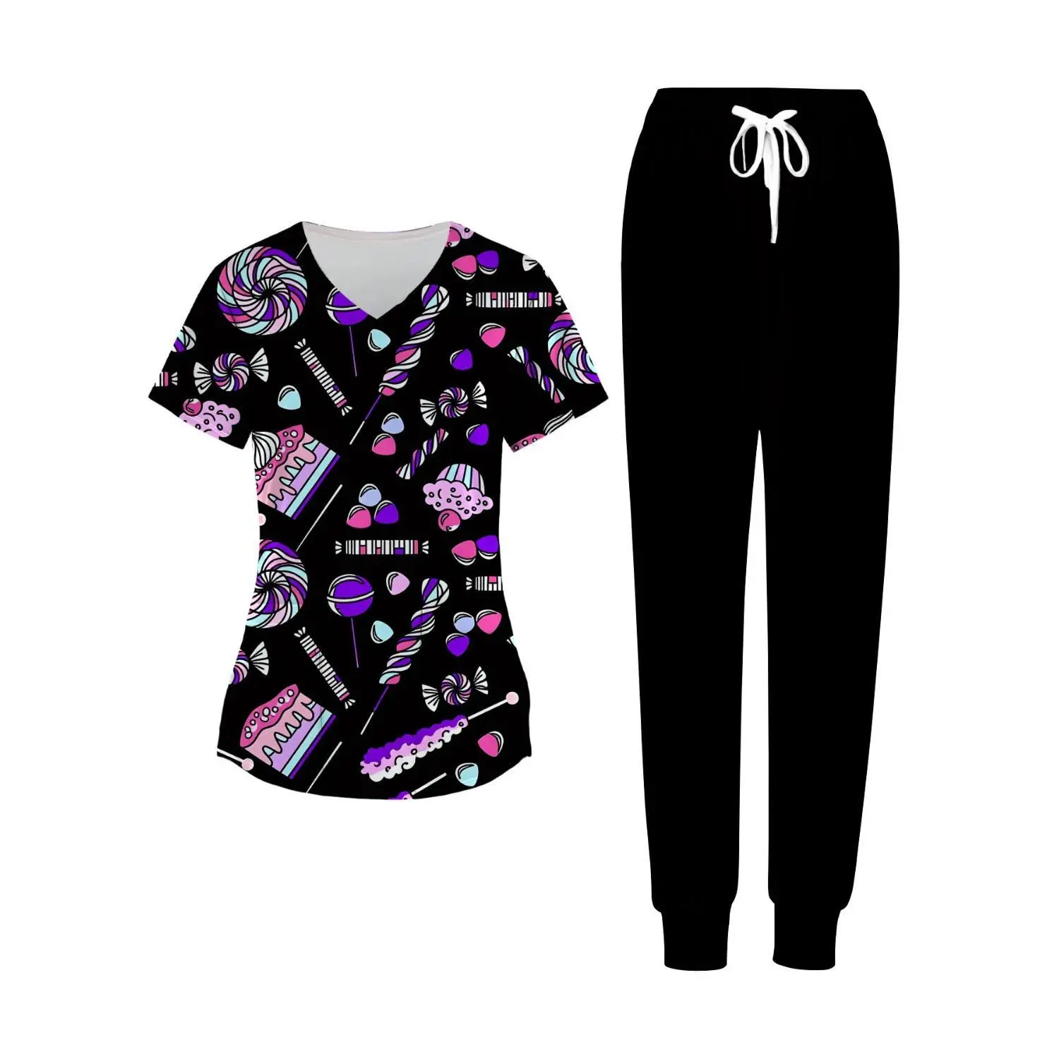 Plus Size Black Candy Print Women's Two-Piece Set, V-Neck Top and Pants, Perfect Casual Outfit for Valentine's Day