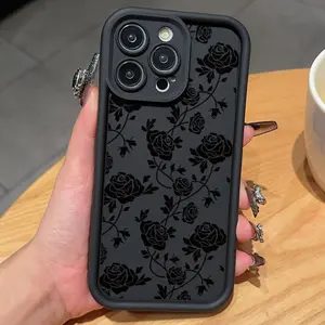 Black Flower Pattern TPU Phone Case for iPhone 16 15 14 Pro Max 13 12 11 XR XS Plus Shockproof Full Camera Protection Durable slim Silicone Cover