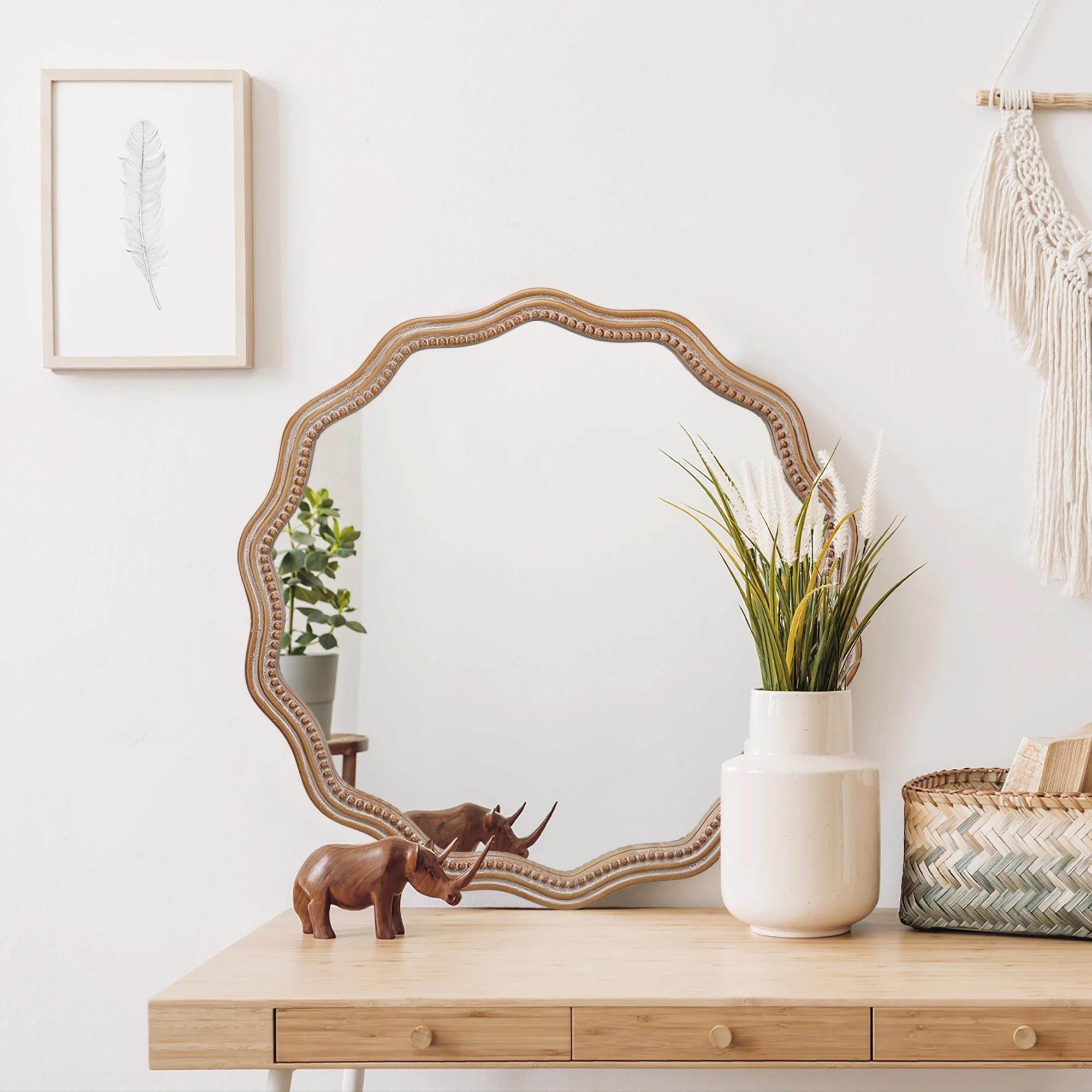 23.62 Inches Classic Design Large Circle Wall Mirror Wood Framed Hanging Wavy Scalloped Mirror for Home Decorative Use