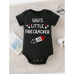 Cute Baby Bodysuit With Gigi's Little Firecracker Print Soft Versatile Round Neck Button Detail Regular Fit All Seasons Knitted Fabric Onesie