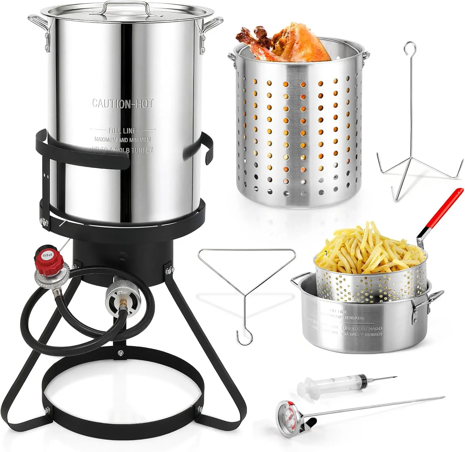Gas-Powered Outdoor Cooking Turkey Fryer & Fish Fryer Kit – 30 Qt 20lbs Turkey Unit, 10 Qt Fish Unit with Baskets, Aluminum Seafood Steamer, 54000 BTU Propane Burner Stand, Injector, Thermometer, Hose (Optimum Thermal Conductivity), Vegetable Soup, Deep F