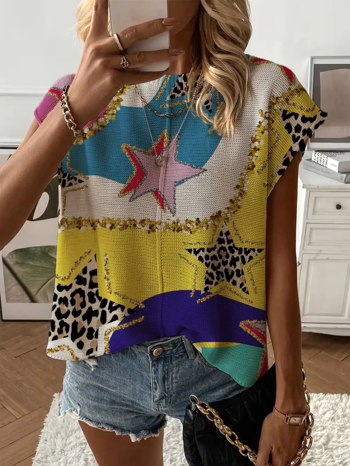 Spring Summer Women's Knit Top, Round Neck Shoulder Straps Loose Fit, Colorful Stars Leopard Print Short Sleeve, Casual Top Blouse, Casual Daily Tops, Casual Elegant Commute Wear Womenswear