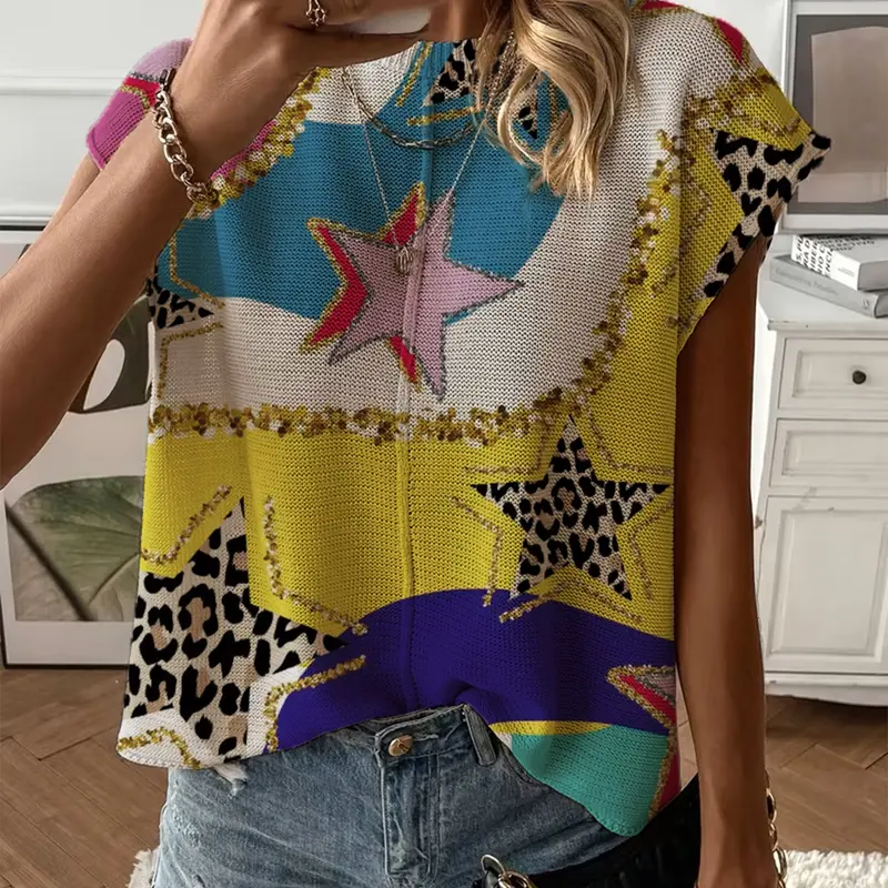 Spring Summer Women's Knit Top, Round Neck Shoulder Straps Loose Fit, Colorful Stars Leopard Print Short Sleeve, Casual Top Blouse, Casual Daily Tops, Blouses Shirts Tops, Casual Elegant Commute Wear Womenswear