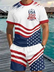 Men's 3D Digital Printed Two-piece Set with Wave and Striped Patchwork, 2Pcs, Trendy Fashion Outfit, Retro Casual Two-piece Suit, Vacation-style Trendy Wear, Breathable Sports Casual Style, Perfect Festival Gift for Men