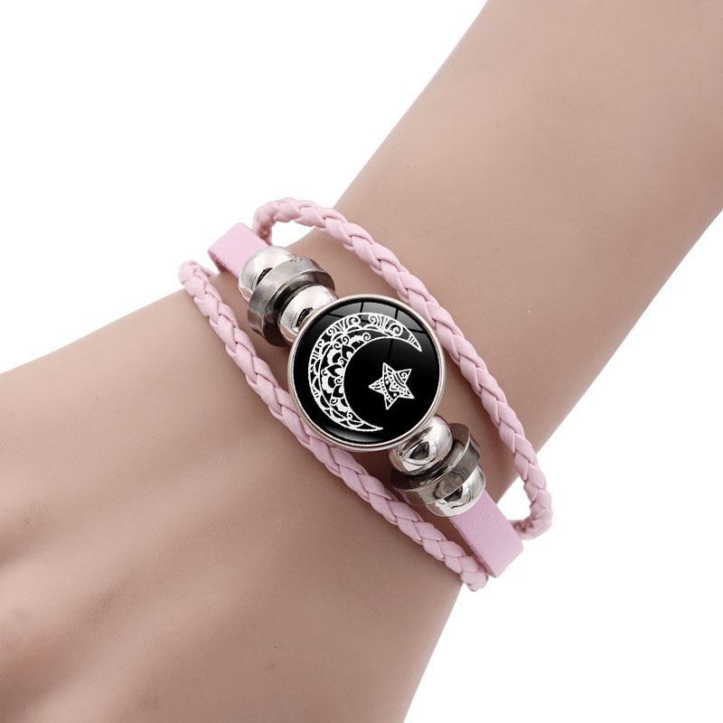 Cross-border New Product 2025 Sun Moon Lovers Leather Bracelet Vintage Punk Multi-Layer Beaded Woven Bracelet Couple Gift 17cm Chain Length PU Leather Glass Sheet Daily Wear