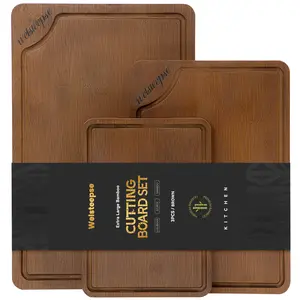 3-Piece Extra Large Bamboo Cutting Board Set, Thicken Chooping Boards with Deep Juice Grooves Non-Slip Rubber Feet, Built-in Handles, Neat Storage Holder and Premium Gift Box, Sturdy and Stylish Cheese Board Food Trays for Cooking and Hosting