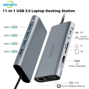 RSHTECH 11-in-1 Type-C USB-C Docking Station, 11 Ports Multiple USB-C Connector with Video output, VGA, PD, USB3.0/2.0, RJ45 Ethernet, SD/TF Card Reader, 3.5mm Audio, Multi-interface Expansion Dock Compatible with MacBook Pro/Air and other Type-C Laptop