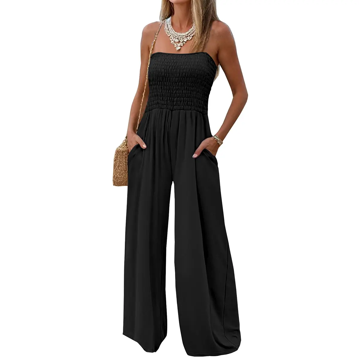AUXDIO Womens Strapless Smocked Tube Jumpsuit, Casual Summer Dressy Wide Leg Outfit with Pockets for Birthday Party, Overalls, Top
