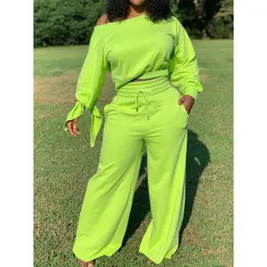 Women's 2-Piece Casual Everyday Clothes Set - Off-Shoulder Long-Sleeve Knit Top, Drawstring Pants, 100% Polyester Solid All-Season Outfit