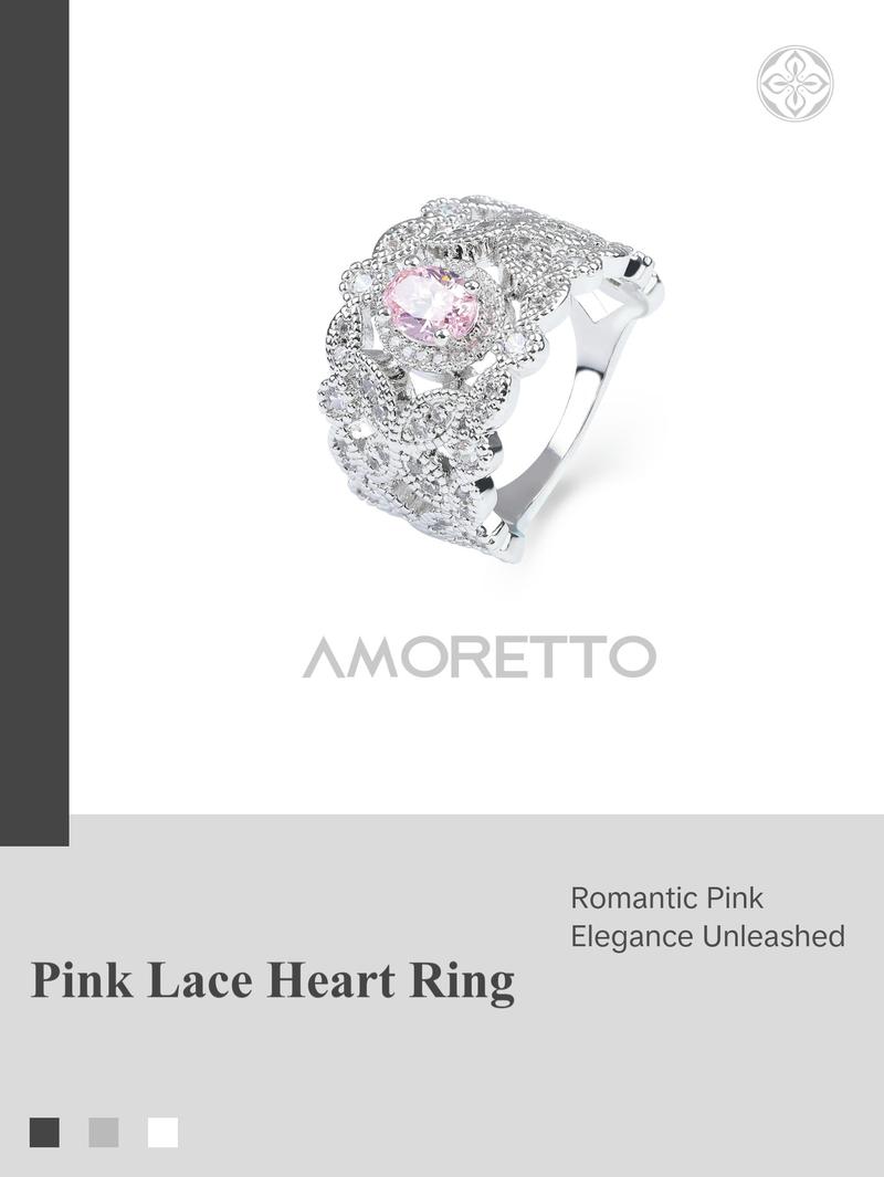 【Lab-Created】AMORETTO| Hearts & Arrows 10/10Aria Lace Ring - Fancy Pink High Carbon Diamond Band with Floral Filigree & Lab-Created Moissanite Stud Earring S925 Sterling Silver Moissanite Jewelry Perfect Birthday Mother’s Day Gift for Men Women
