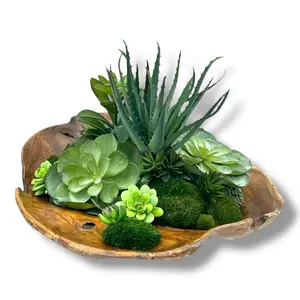 Succulent Design in Natural Abstract Wood Vase | Faux Succulent and Floral Arrangement | Arranged Succulents for Table Centerpiece and Gifts
