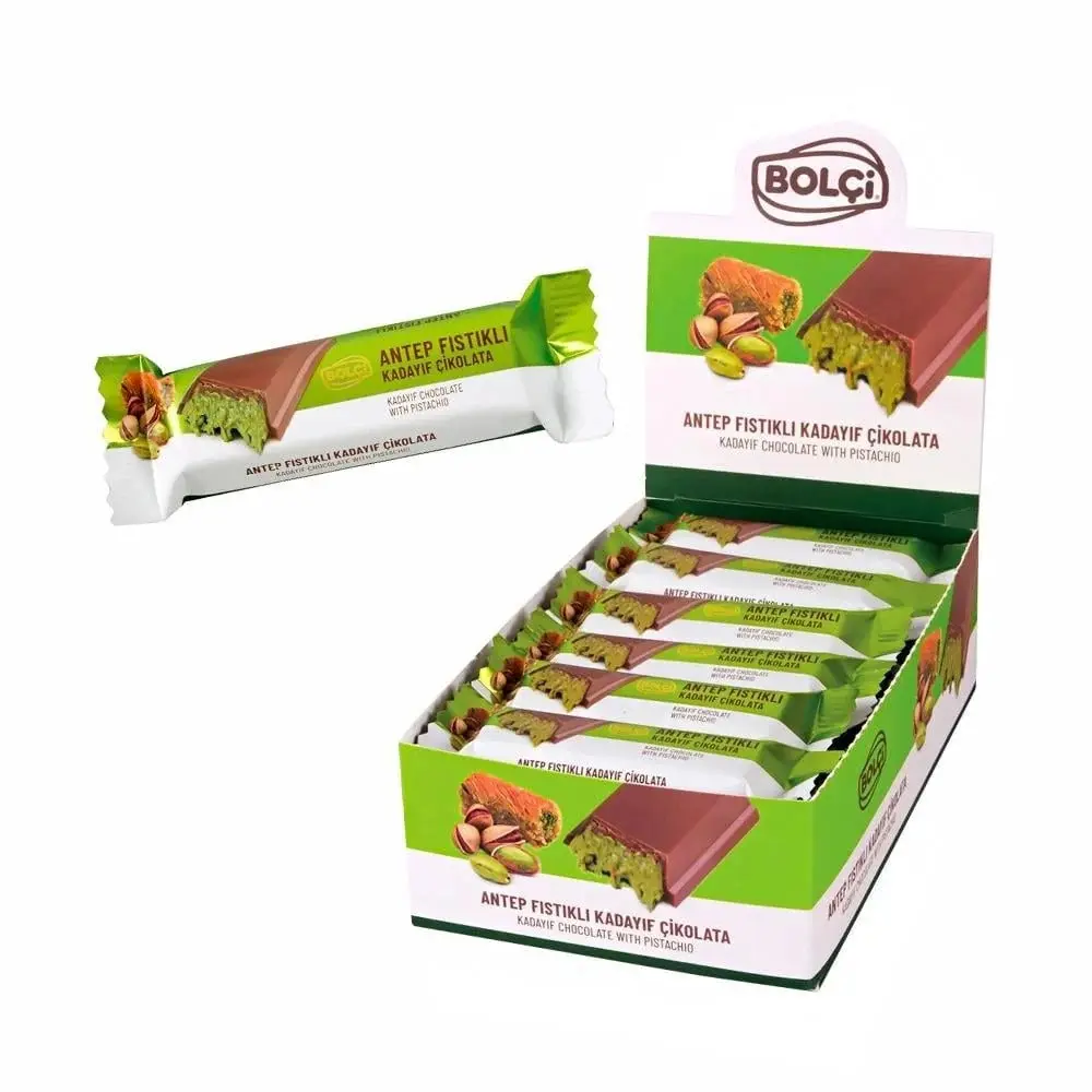 Bolçi Dubai Kadayif Milk Sweet - Crunchy Chocolate-Pistachio Nuts Dessert Snack Bars for Youth, 24 x 30g Individual Packs (Contains Milk, Crunchy Nuts)