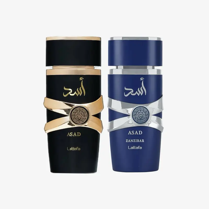 Lattafa Asad & Zanzibar Men's 2-Piece EDP Perfume Set - Aromatic Spicy, Vanilla Fragrance with Lavender, Incense Notes, 2 x 3.4 oz (Unisex-Friendly), Amber, Coconut, Gift Box, Adults, Bottle, Wood, Liquid, Spicy Perfumes, Warm Spicy Fragrance