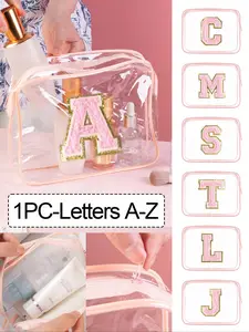 1pc Transparent Pvc Portable Storage Bag With Towel Embroidery Letter A-Z,Large Capacity Makeup Organizer Makeup Case, Waterproof ,With Zippered ,Makeup Bag,Cosmetic Bag,Vacation Organizer,Beauty Bag, Makeup Organizer Pouch, Travel Cosmetic Bags