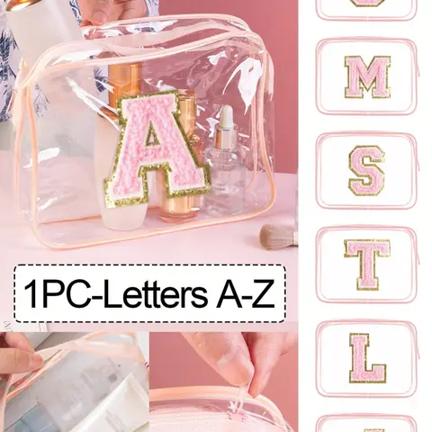 1pc Transparent Pvc Portable Storage Bag With Towel Embroidery Letter A-Z,Large Capacity Makeup Organizer, Waterproof, Zippered, Makeup Bag, Cosmetic Bag, Cosmetics Bag, Travel Cosmetic Bags