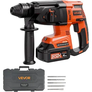 VEVOR 1" SDS-Plus Rotary Hammer Drill, 20V Brushless Cordless SDS Hammer Drills, 4.0Ah Lithium-Ion Battery Powered,3.0A Fast Charger, 4 Modes,Rotomartillo for Concrete,1200 RPM, 5300 BPM