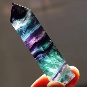 Clearance Natural Hexagonal Crystal Rainbow Fluorite Quartz Healing Fluorite Wand Stone Purple Green Gem Gemstone Point Reiki Meditation Witch Good Luck