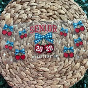 Senor 2026 Cherry UVDTF CUP WRAP with Gingham Bow and Red Cherries for My Last First Day Celebration