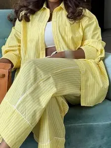 Women's Striped Print Button Front Shirt & Drawstring Waist Pants Two-piece Set, Casual Pocket Long Sleeve Top & Trousers for Daily Wear, Ladies Outfits for All Seasons, Striped Sets