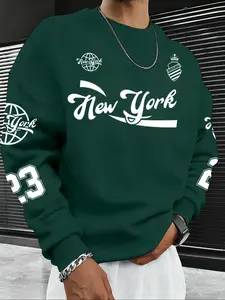 Men's Hot Selling Letter Number Print Knitted Fleece Pullover Sweatshirt, Casual Fall & Winter Round Neck Top, Thick Fabric, Fitted Style, Long Sleeve