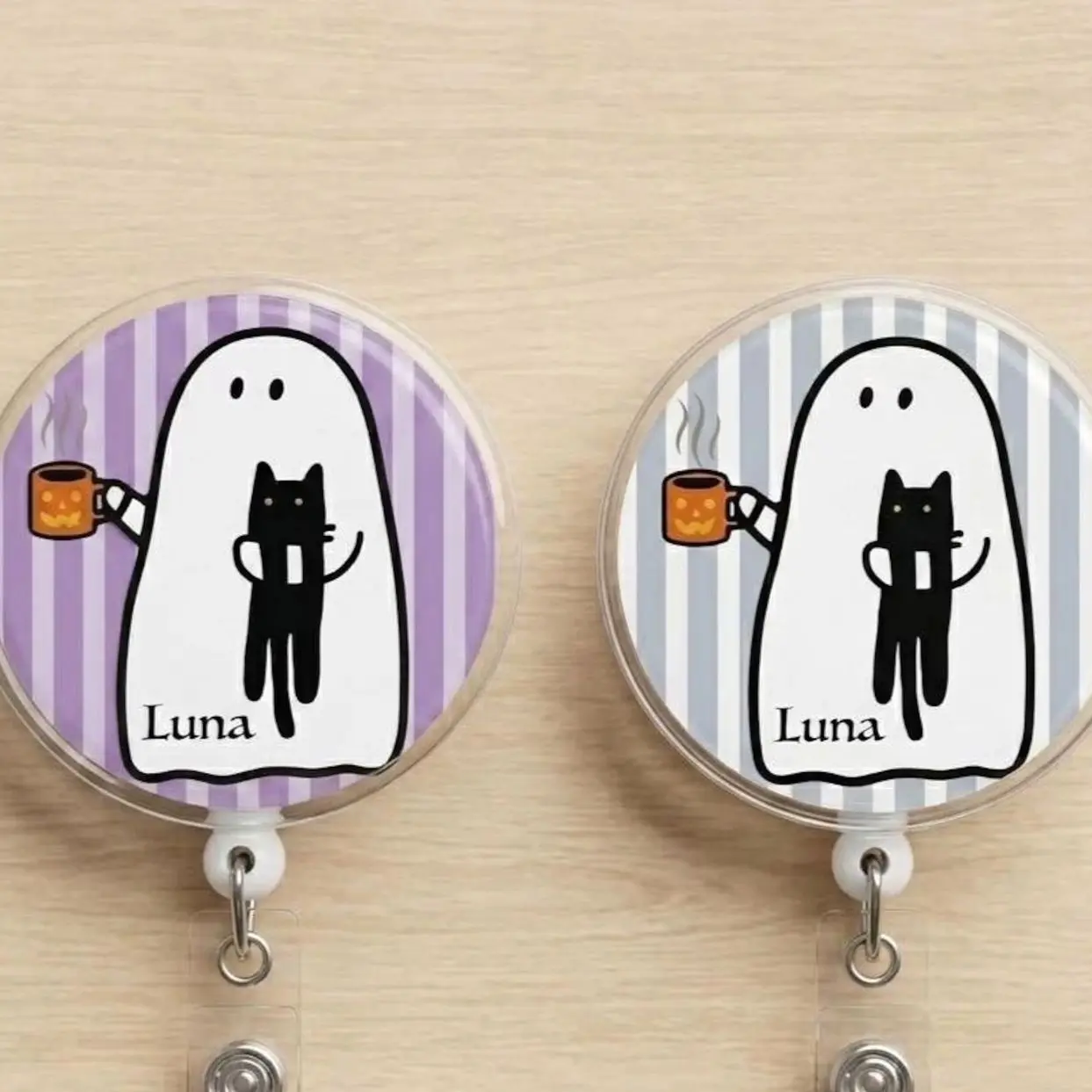 6 ops Custom Name Ghost Black Cat Badge Reel Retractable, Personalized Halloween Coffee ID Holder