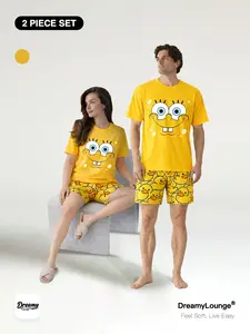 Classic Cartoon 「2-Piece Set」 Duck Print, Comfortable Breathable Short Sleeve Long Pants, Ideal for Daily Wear at Home or Outdoors, Loungewear Sleepwear