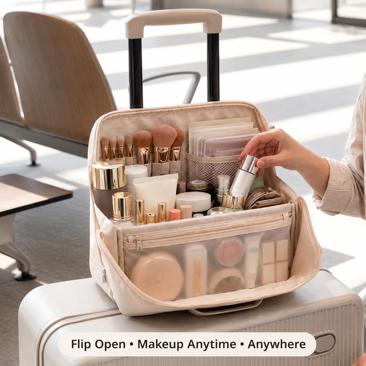 Waterproof Leather Makeup Bag for Travel, Clean Girl Vanity Organizer with Luggage Strap