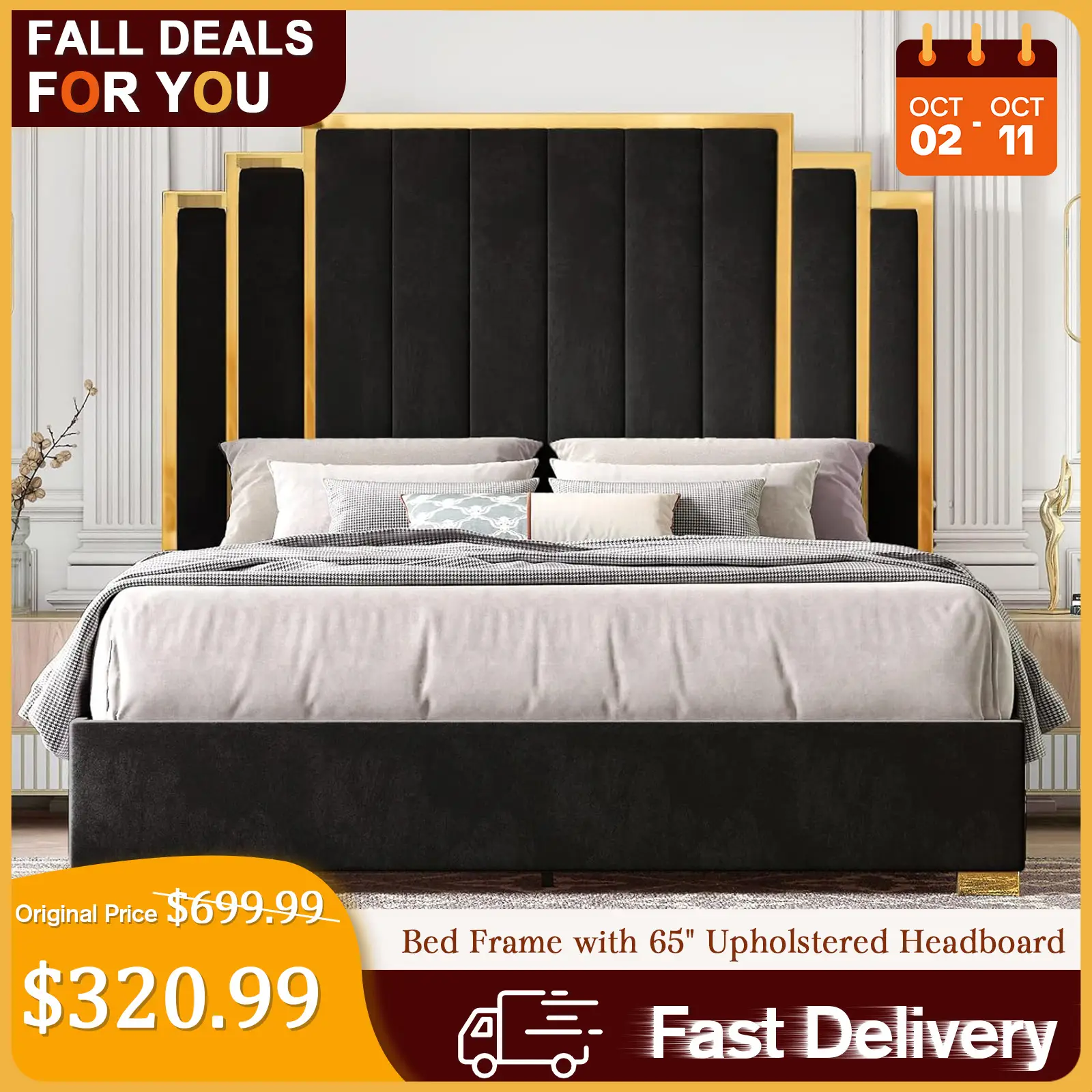 [TikTokShopfalldealsforyou]AMERLIFE Platform Bed Frame, Velvet Upholstered Bed with Gold Trim Headboard/Wooden Slats/No Box Spring Needed