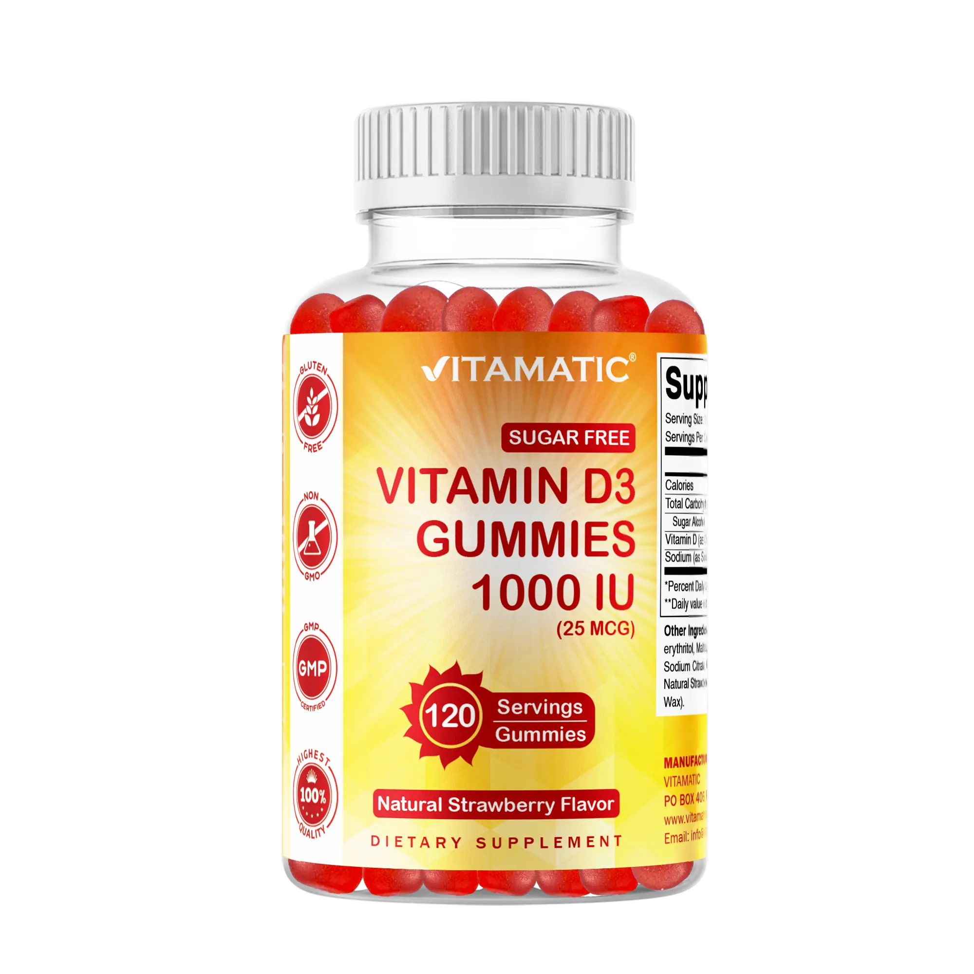 Vitamatic Sugar Free Chewable Gummy Vitamin D3 Supplement - 1000 IU, 120 Servings, Natural Strawberry Flavor, Gluten Free, Non-GMO, Daily Dietary Supplement for Muscle Support, Gummy Supplement