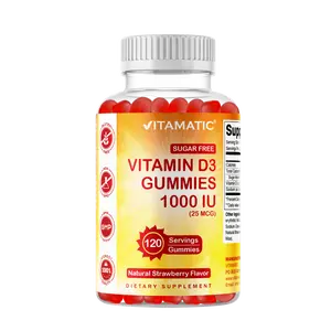 Vitamatic Sugar Free Chewable Gummy Vitamin D3 Supplement - 1000 IU, 120 Servings, Natural Strawberry Flavor, Gluten Free, Non-GMO, Daily Dietary Supplement for Muscle Support, Gummy Supplement