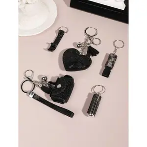 Shiny Rhinestone Keychain Set, Stylish Heart Shape Keyring, Small Bag Whistle and Bottle Opener, Perfect Gift for Women