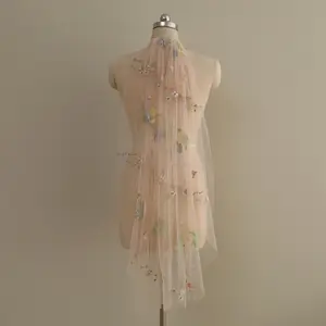 Fingertip wedding veil, Champagne floral veil, Elegant short wedding veil, Romantic wildflowers veil, Colorful flowery veil