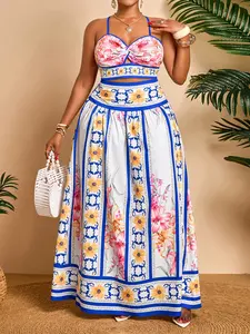 Two-Piece Summer Casual Boho Style Resort Women's Digital Printing Skirt Set, Plus Size Fine Strappy Short Top and High Waist Skirt, Ideal for Daily Wear