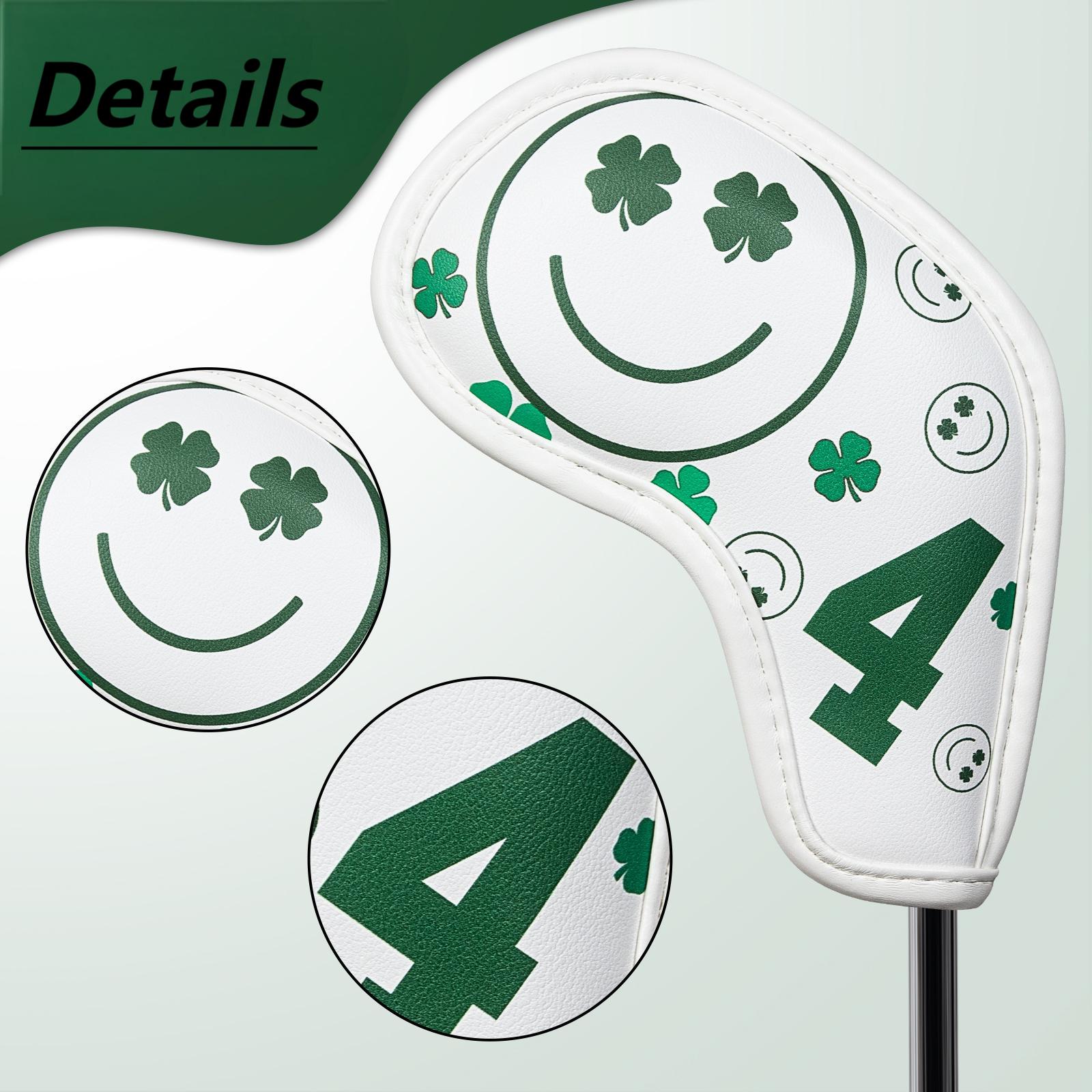 Big Teeth Golf 10Pcs Cover Clover Smile Emo Headcover Covers - Fits Irons By White Four - Leaf Clover Stylish Design for Golf Gear Protection